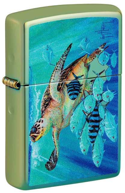 Front view of Zippo Guy Harvey High Polish Teal Windproof Lighter standing at a 3/4 angle.