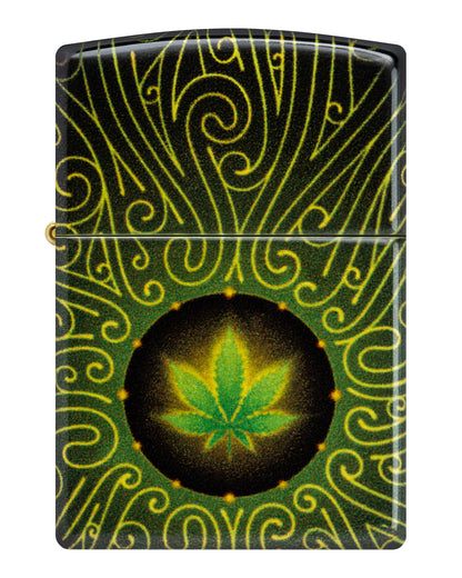 Front view of Zippo Cannabis Maze Design 540 Tumbled Brass Windproof Lighter.