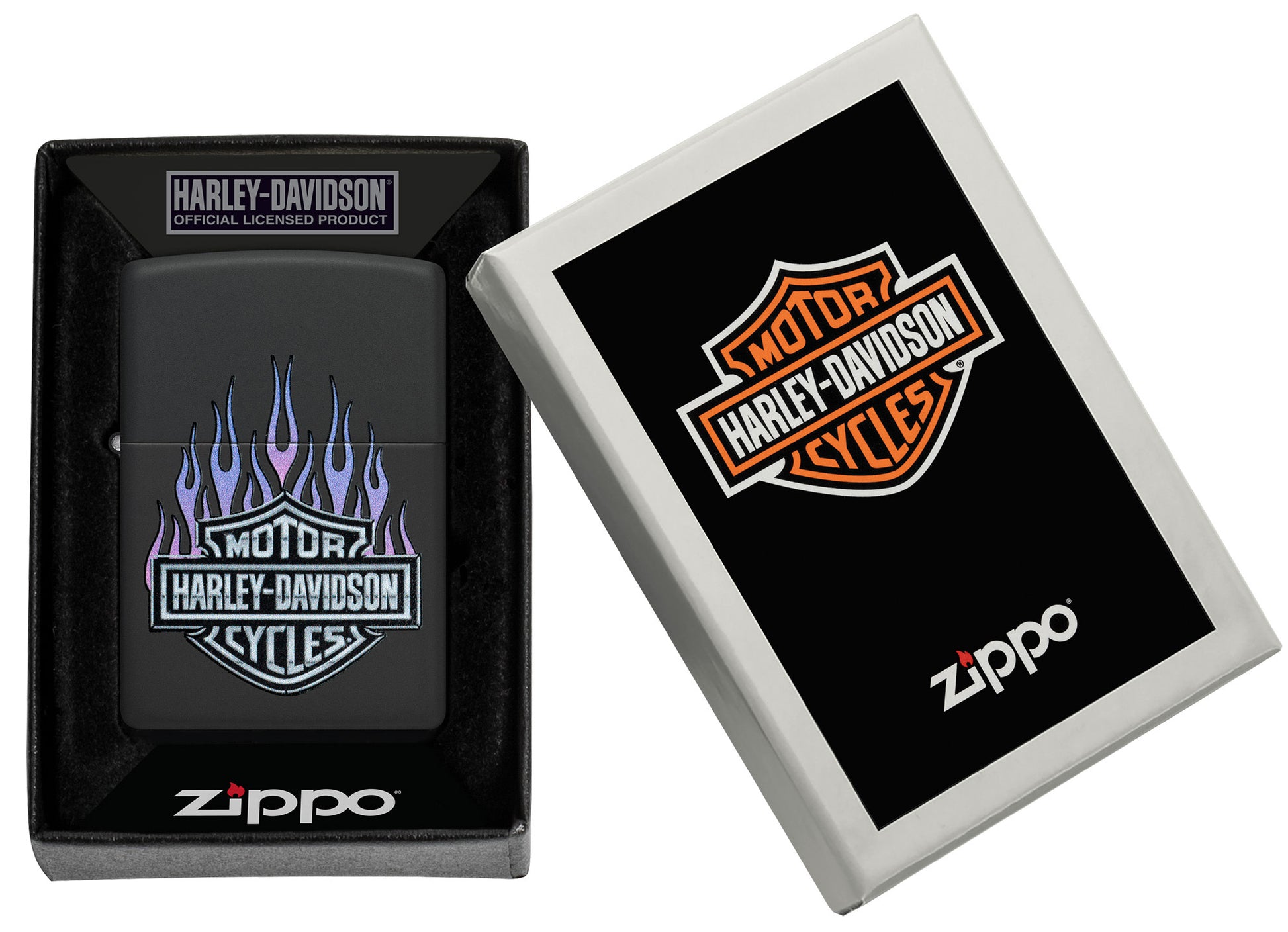 Zippo Harley Davidson® Flames Black Matte Windproof Lighter in its packaging.