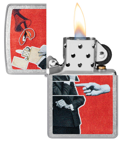 Zippo Collage Design Street Chrome Windproof Lighter with its lid open and lit.