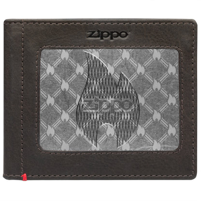 Front of mocha Leather Wallet With Zippo Flame Metal Plate - ID Window