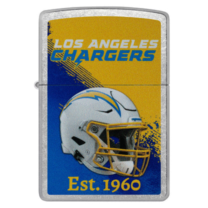 Front view of Zippo NFL Los Angeles Chargers Helmet Design Street Chrome Windproof Lighter.