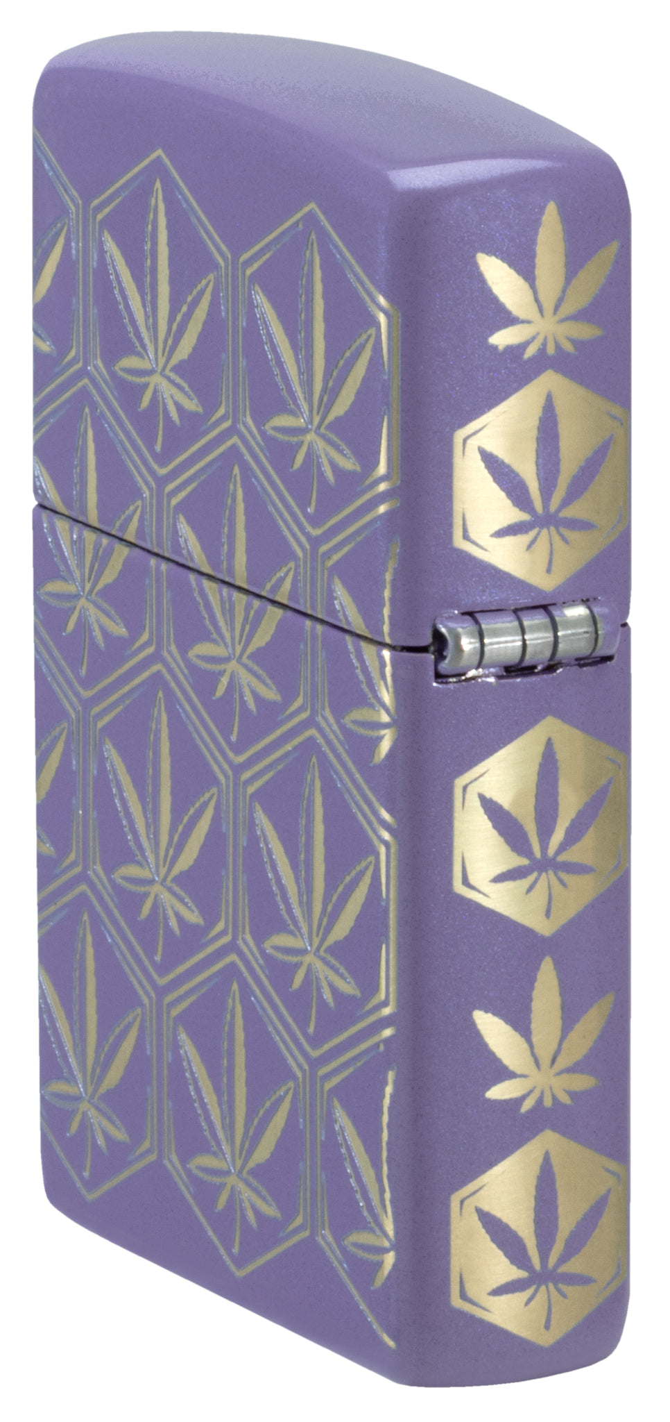 Angled shot of  Zippo Honeycomb Cannabis Design Smoky Lavender Windproof Lighter showing the back and hinge sides of the lighter.