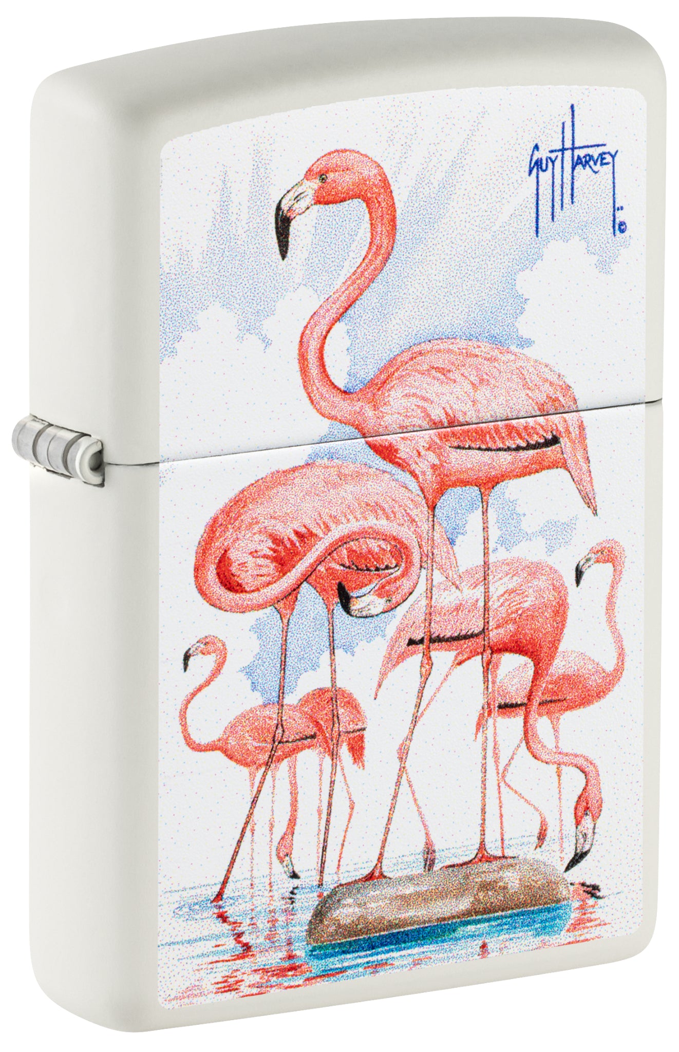 Front shot of Zippo Guy Harvey Flamingos Design White Matte Windproof Lighter standing at a 3/4 angle.