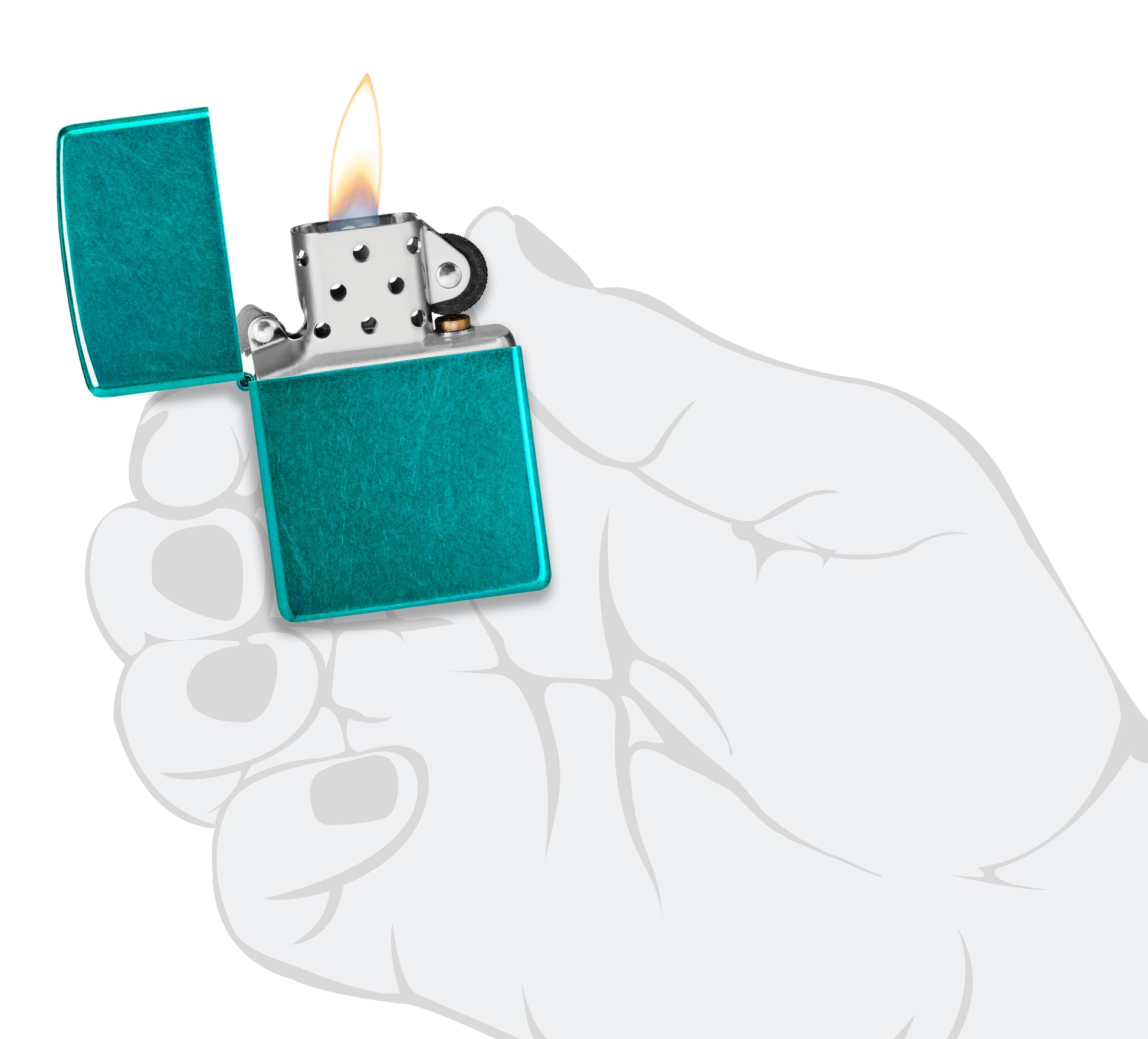 Zippo Classic Candy Teal Windproof Lighter lit in hand.