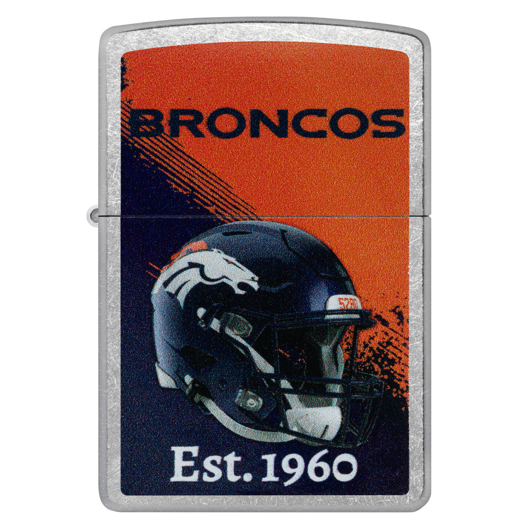 Front view of Zippo NFL Denver Broncos Helmet Design Street Chrome Windproof Lighter.