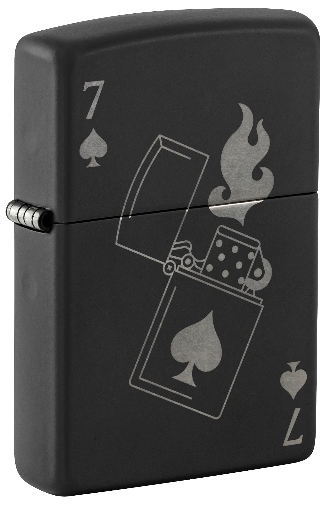 Front shot of Zippo Lucky 7 Design Black Matte With Chrome Windproof Lighter standing at a 3/4 angle.