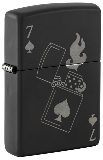 Front shot of Zippo Lucky 7 Design Black Matte With Chrome Windproof Lighter standing at a 3/4 angle.