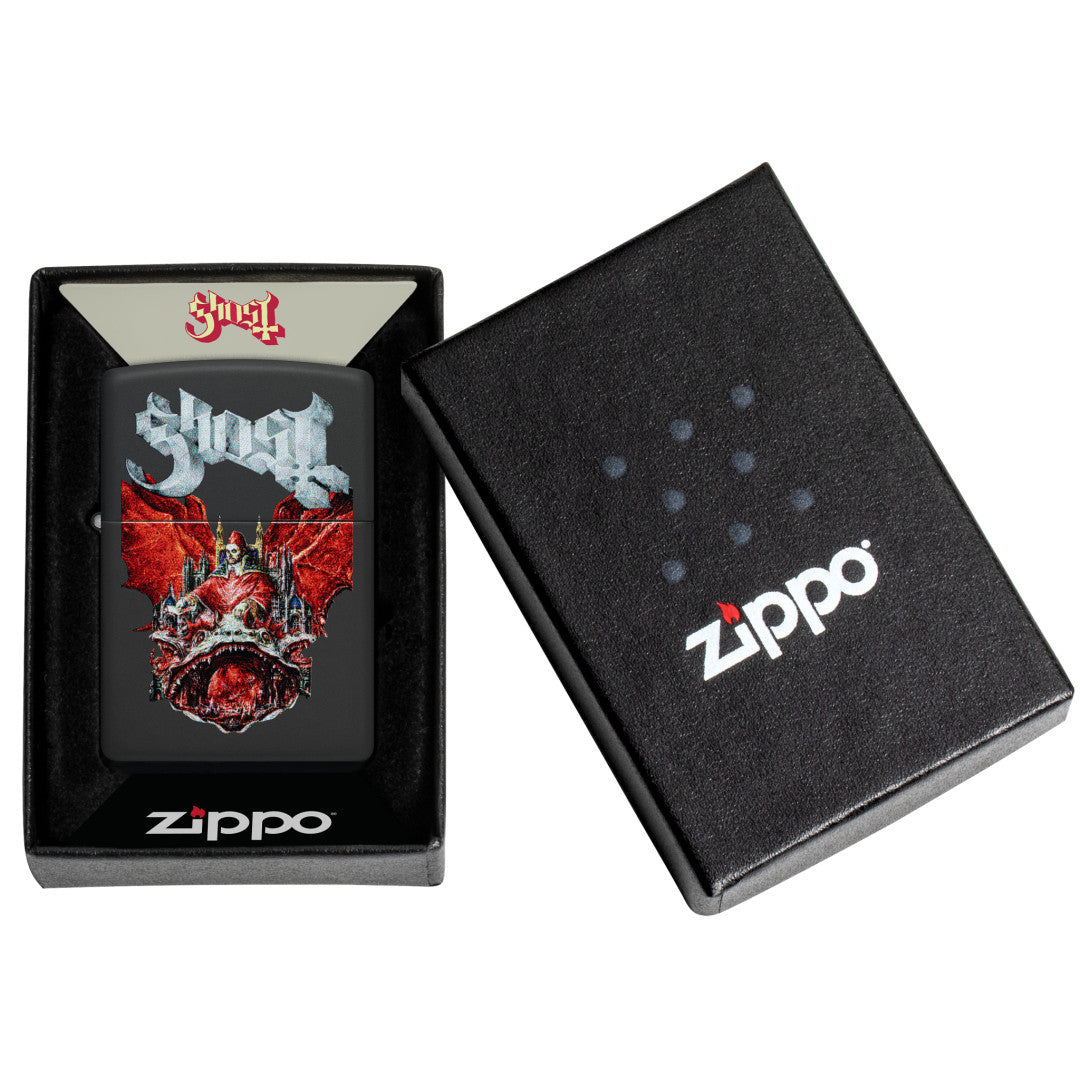 Zippo Ghost Prequelle Design Black Matte Windproof Lighter in its packaging.