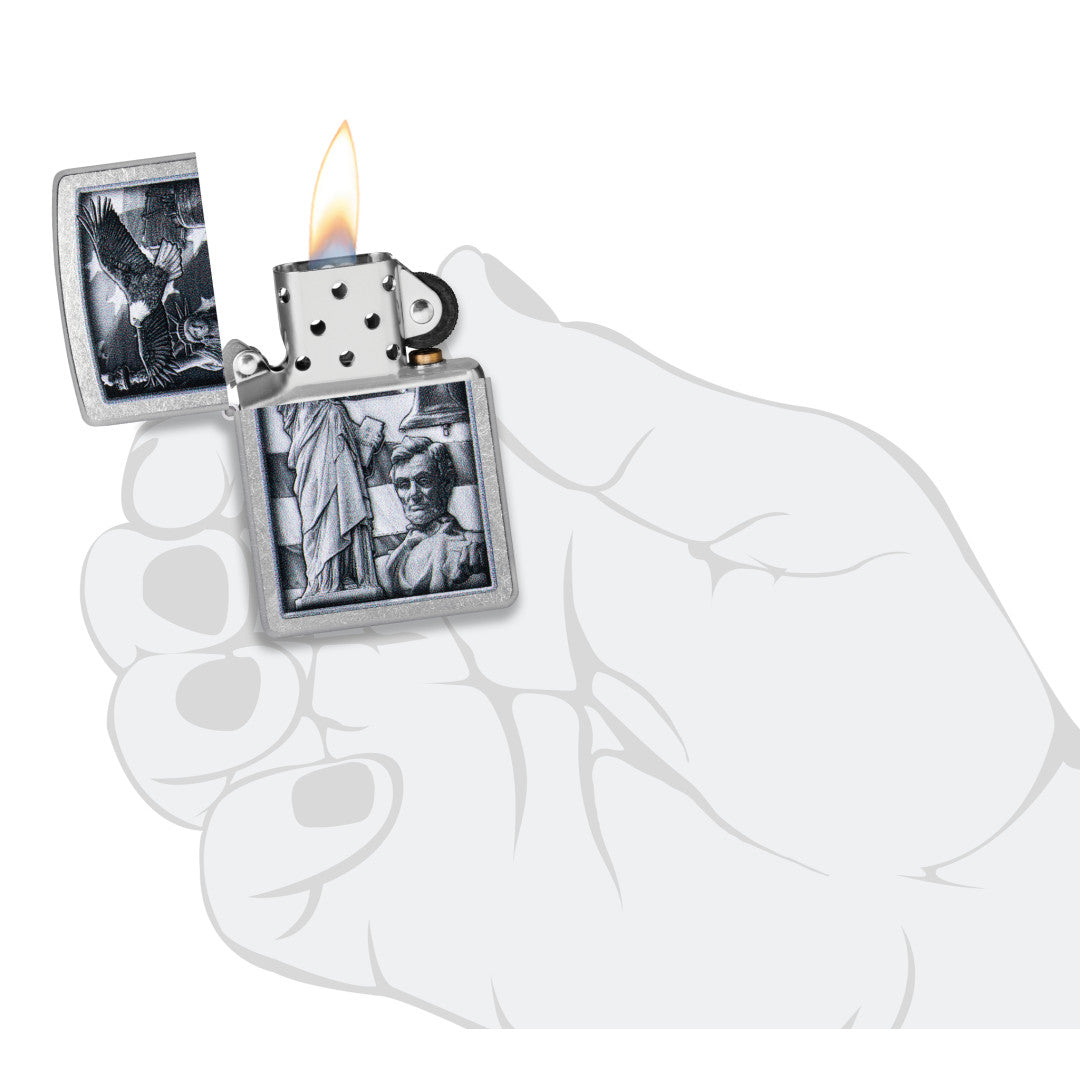 Zippo American Icons Design Street Chrome Windproof Lighter lit in hand.