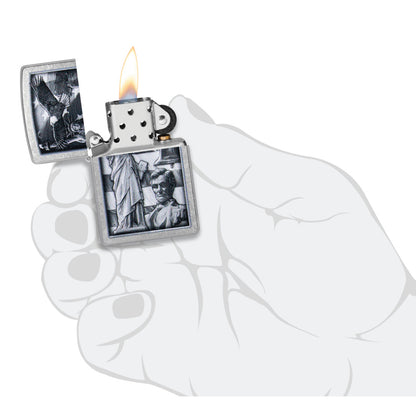Zippo American Icons Design Street Chrome Windproof Lighter lit in hand.