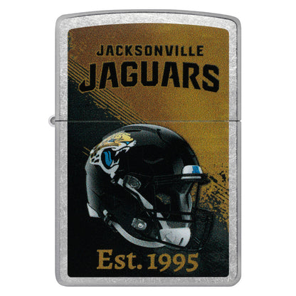 Front view of Zippo NFL Jacksonville Jaguars Helmet Design Street Chrome Windproof Lighter.