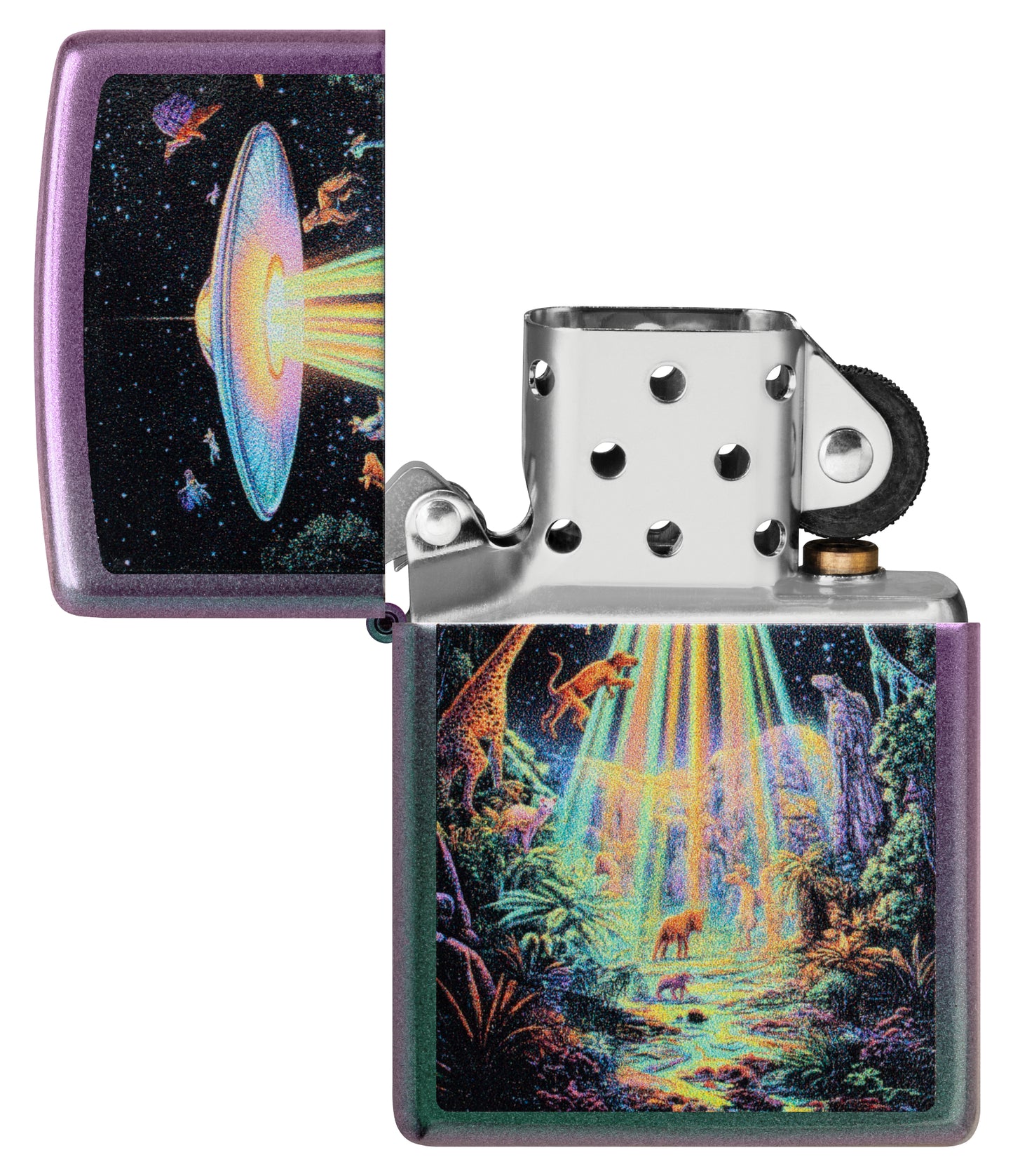Zippo Animal Abduction Design Iridescent Windproof Lighter with its lid open and unlit.