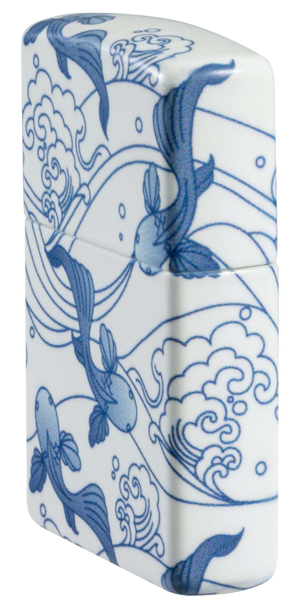 Angled shot of  Zippo Porcelain Koi Design 540 Matte Windproof Lighter showing the front and non-hinge side of the lighter.