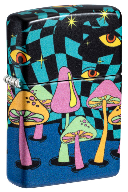 Front shot of Zippo Mushroom Party Design Glow in the Dark Windproof Lighter standing at a 3/4 angle.