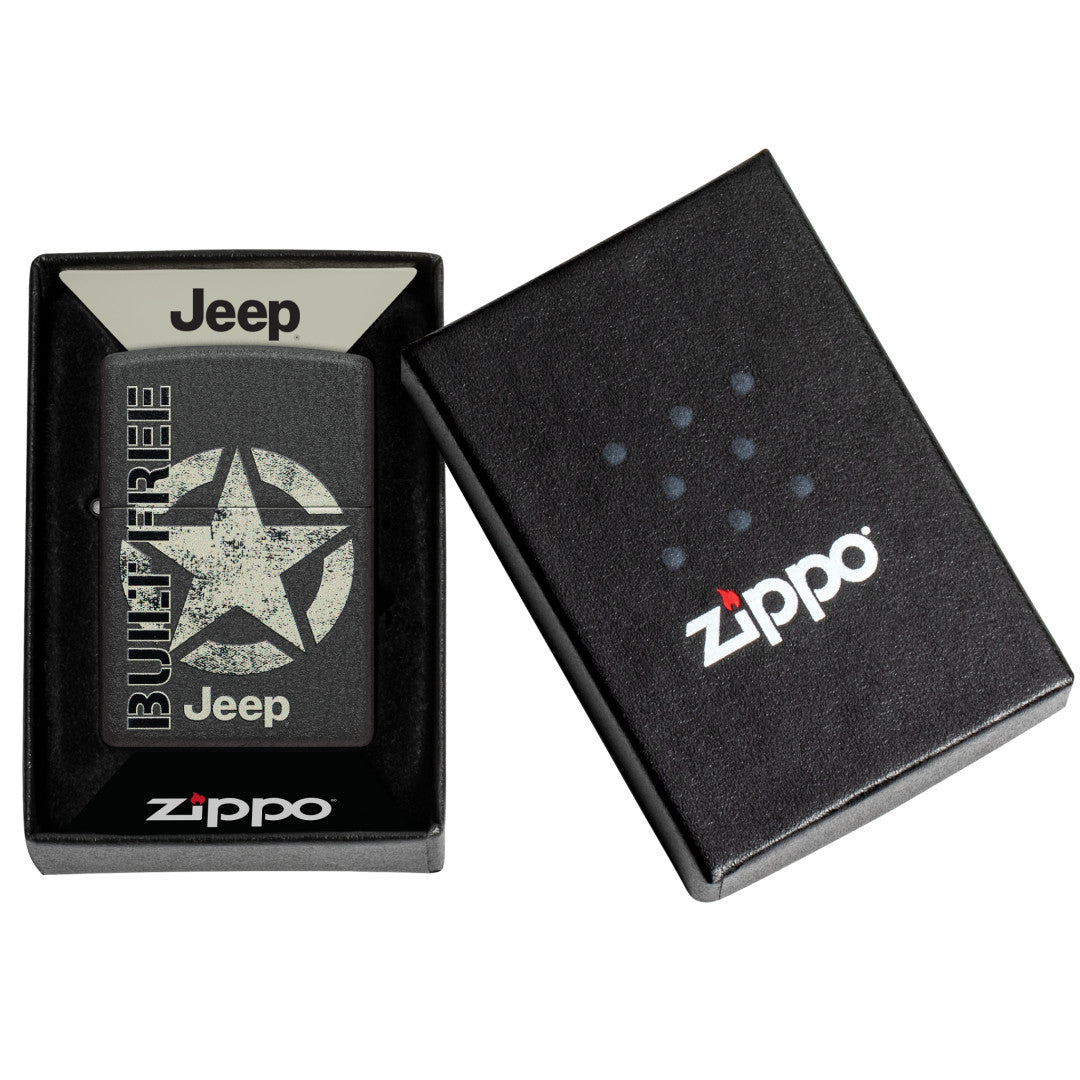 Zippo Jeep® Freedom Star Design Black Crackle Windproof Lighter in its packaging.