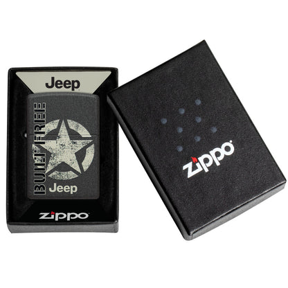 Zippo Jeep® Freedom Star Design Black Crackle Windproof Lighter in its packaging.