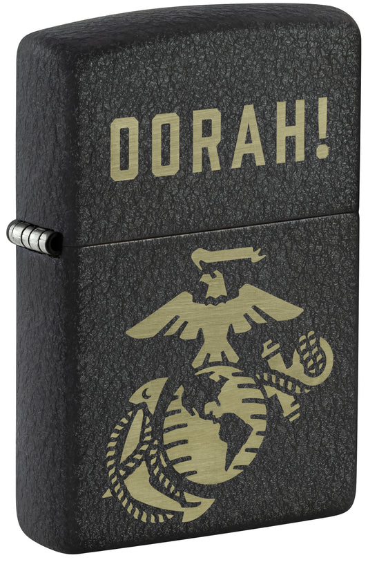 Front shot of Zippo U.S. Marine Corps Oorah Design Black Crackle® Windproof Lighter standing at a 3/4 angle.
