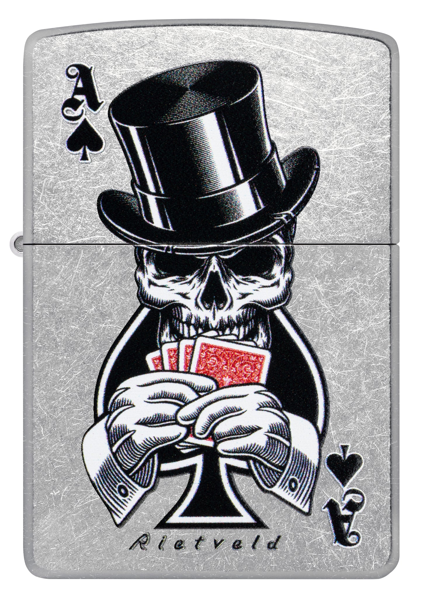 Front view of Zippo Rietveld Ace of Spades Design Street Chrome Windproof Lighter.