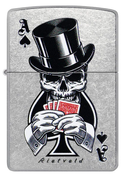 Front view of Zippo Rietveld Ace of Spades Design Street Chrome Windproof Lighter.