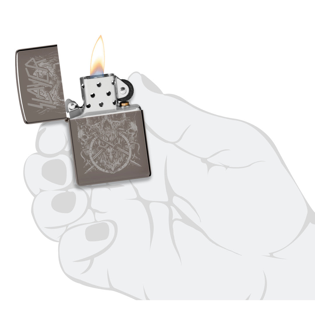 Zippo Slayer Skull Design Black Ice® Windproof Lighter lit in hand.