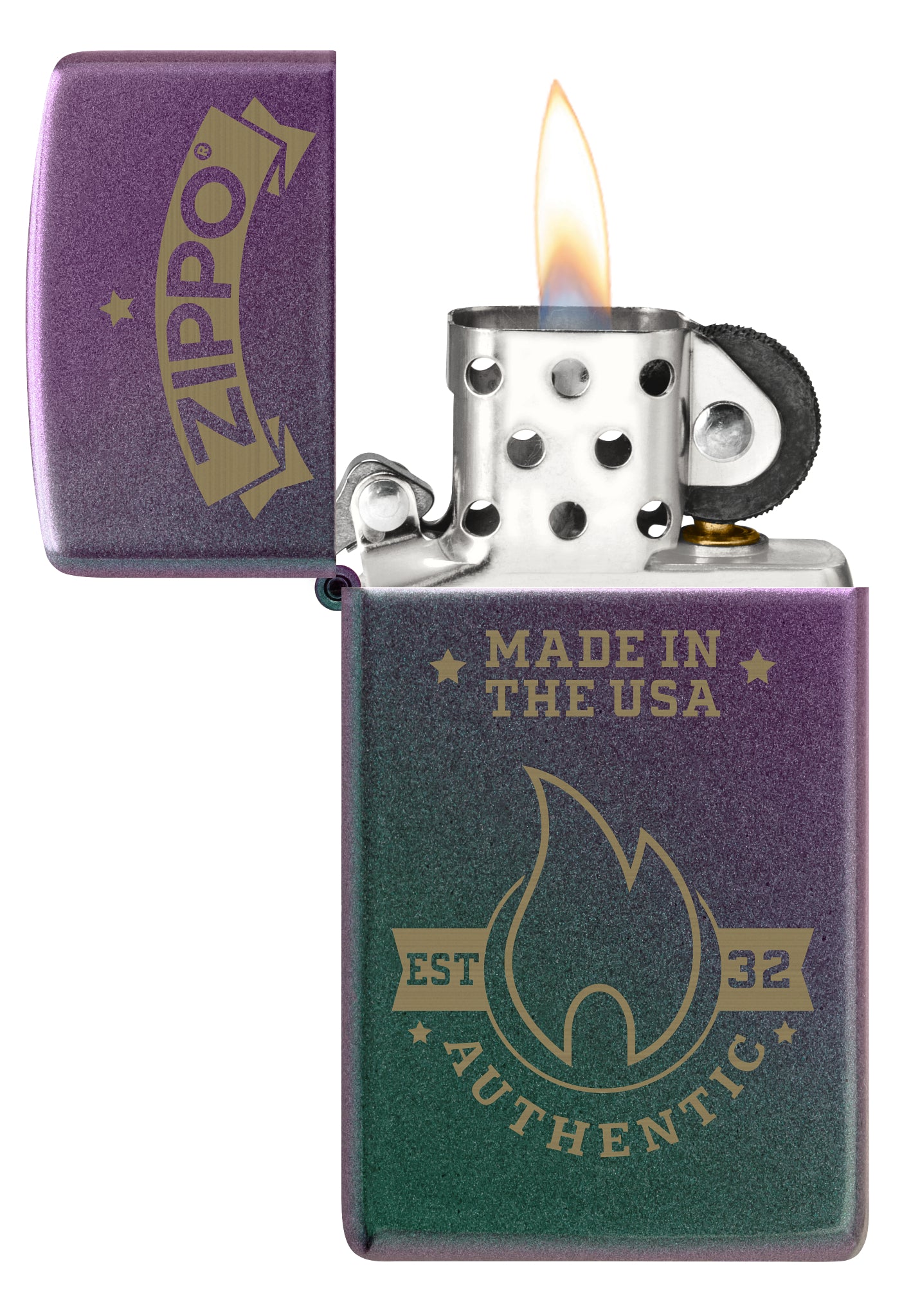 Zippo Authentic Zippo Design Slim Iridescent Windproof Lighter with its lid open and lit.