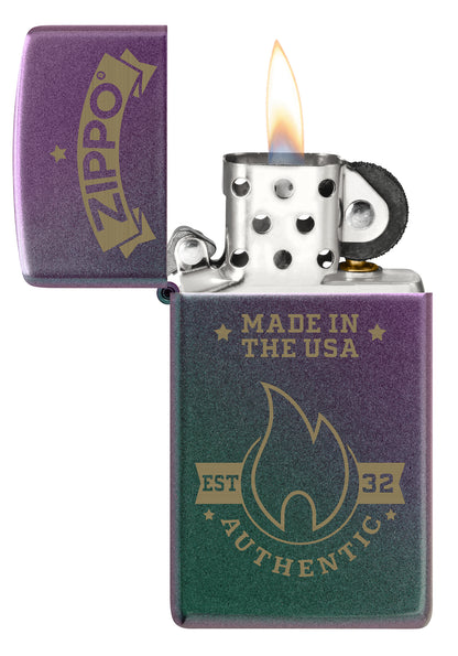 Zippo Authentic Zippo Design Slim Iridescent Windproof Lighter with its lid open and lit.