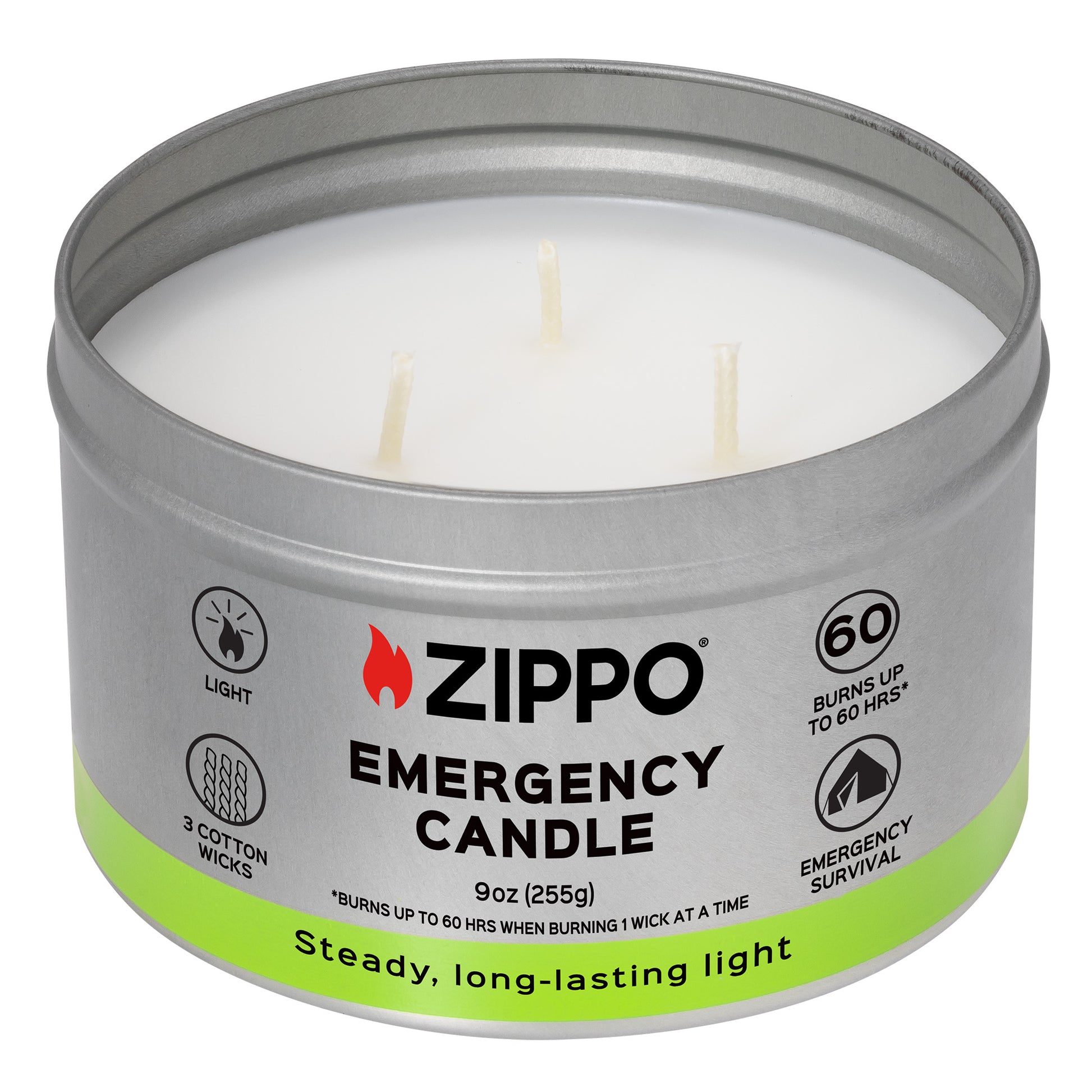Front view of Zippo Emergency Candle unlit without the lid. 
