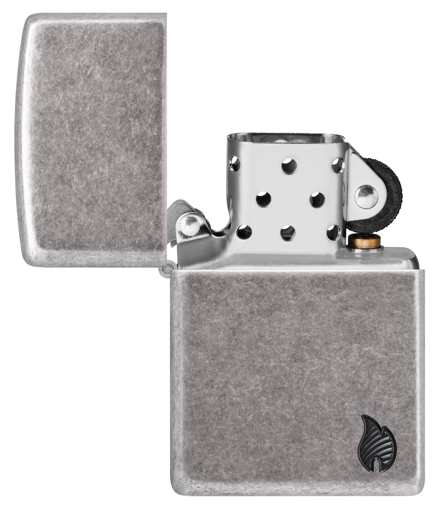 Zippo Armor® Series Flame Antique Silver Windproof Lighter with its lid open and unlit.