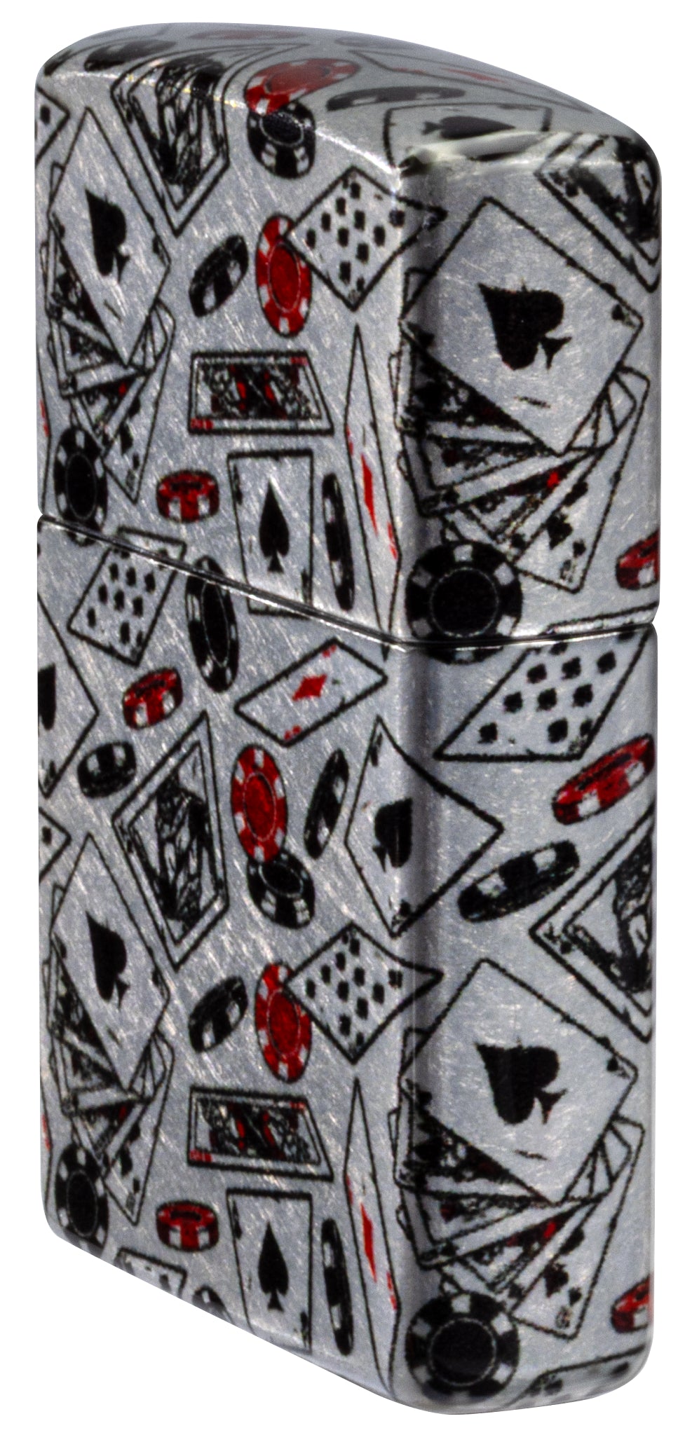 Angled shot of  Zippo Let the Chips Fall Design 540 Tumbled Chrome Windproof Lighter showing the front and non-hinge side of the lighter.