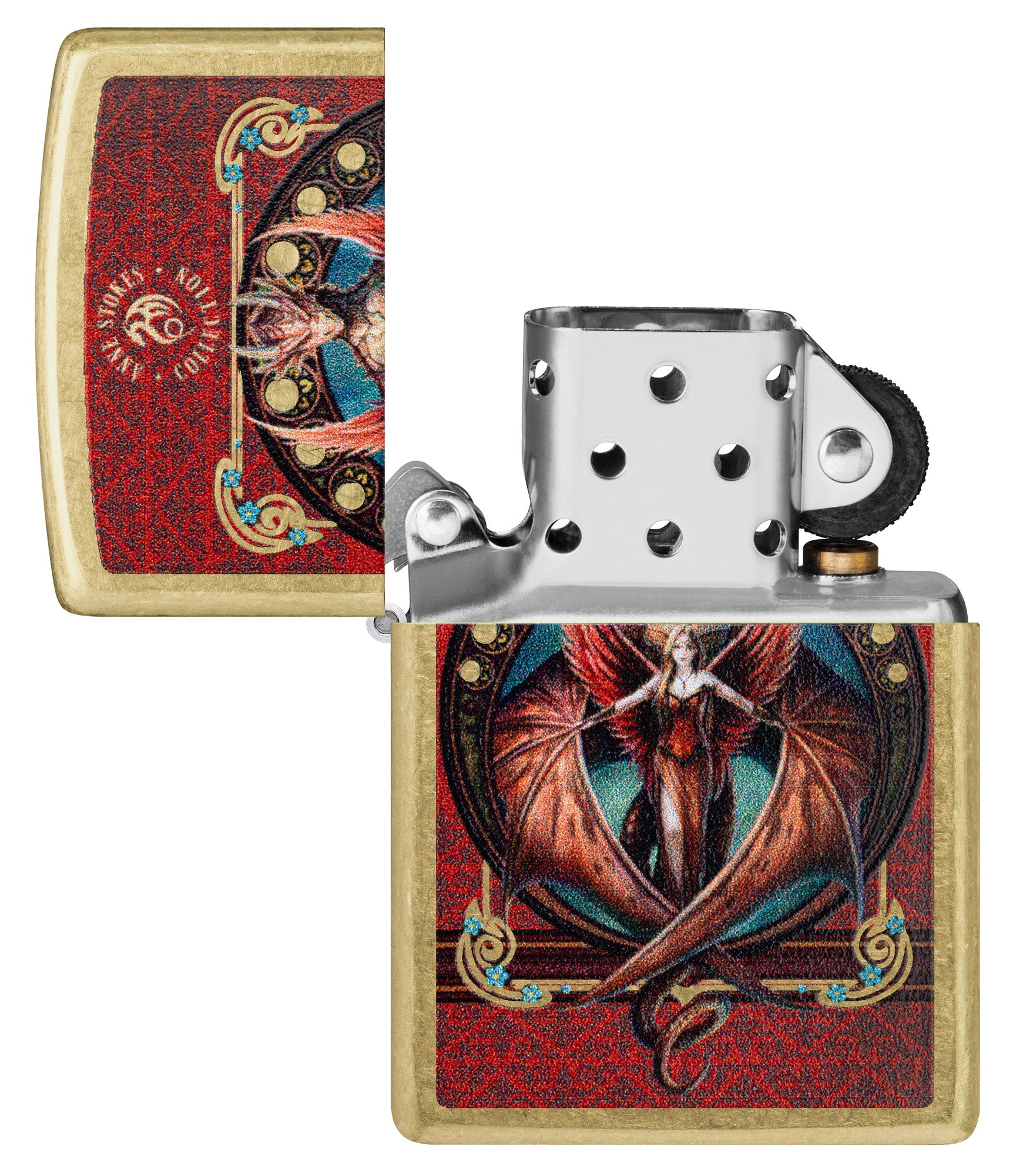 Zippo Anne Stokes Copperwing Dragon Design Street Brass Windproof Lighter with its lid open and unlit.