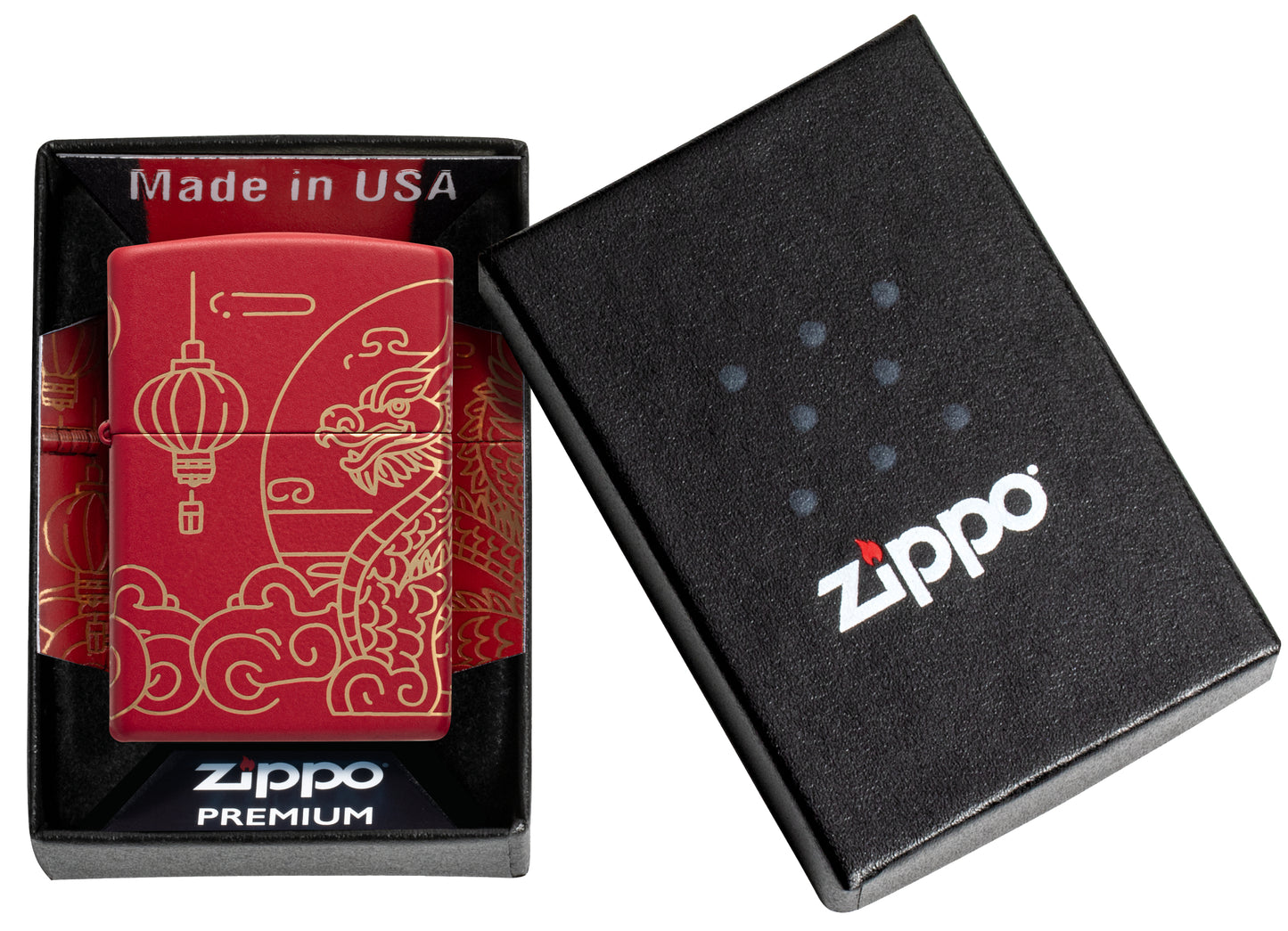Zippo Chinese New Year Design Red Matte Windproof Lighter in its packaging.