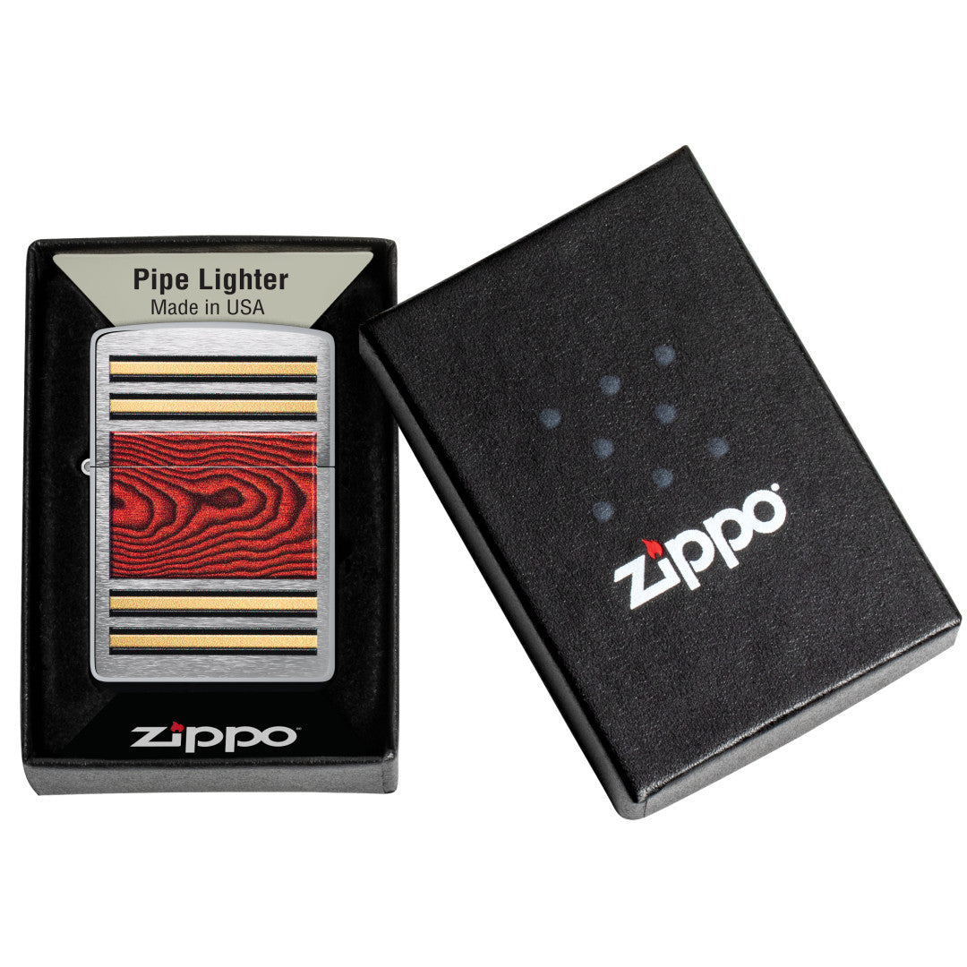 Zippo Woodgrain Design Pipe Lighter Brushed Chrome Windproof Lighter in its packaging.