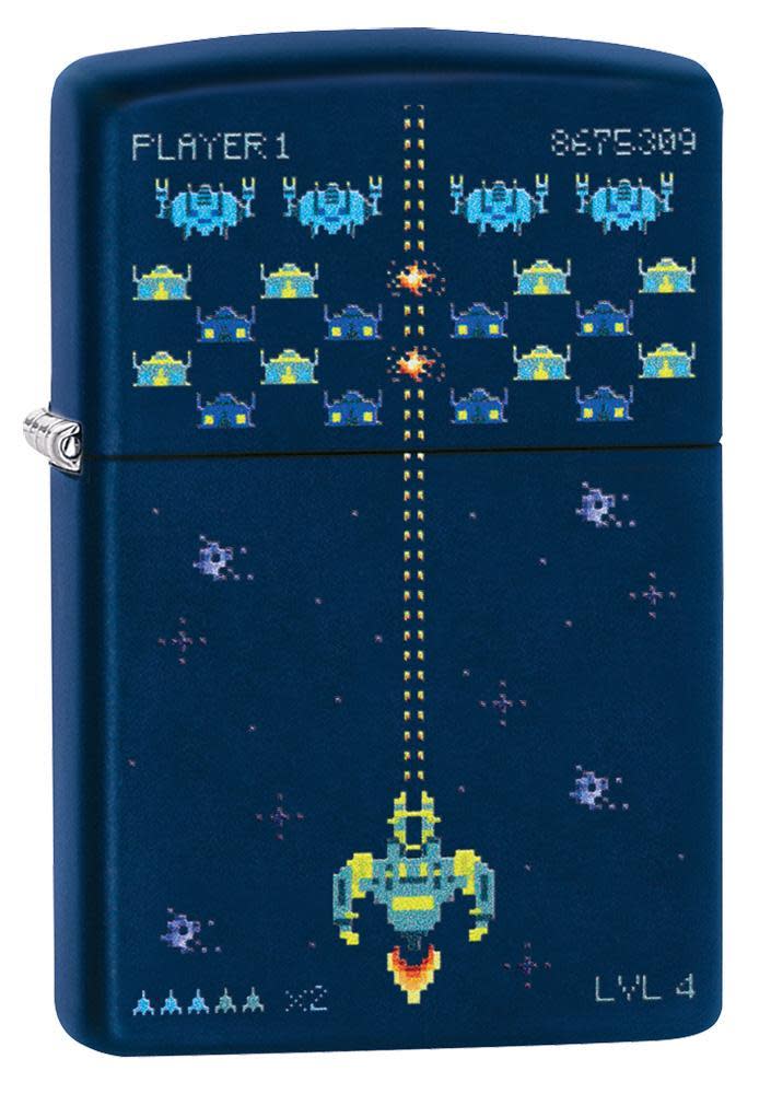 Pixel Game Navy Matte windproof lighter facing forward at a 3/4 angle