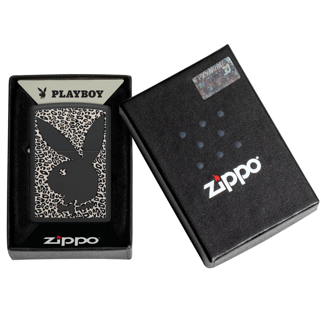 Zippo Playboy Cheetah Print Design Black Matte Windproof Lighter in its packaging.