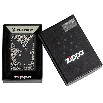 Zippo Playboy Cheetah Print Design Black Matte Windproof Lighter in its packaging.