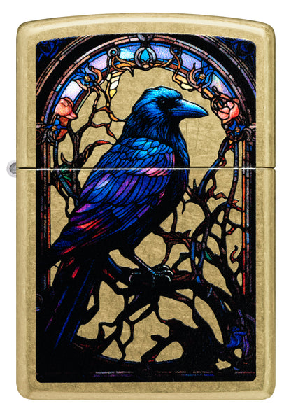 Front view of Zippo Stained Glass Raven Design Street Brass Windproof Lighter.