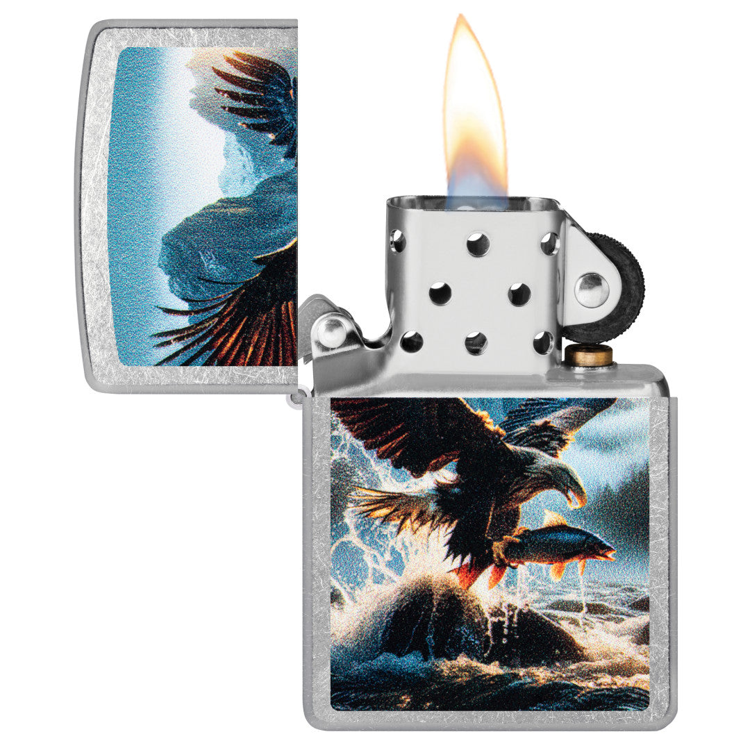 Zippo Catch of the Day Design Street Chrome Windproof Lighter with its lid open and lit.
