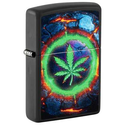 Front shot of Zippo Lava Leaf Design Black Matte Windproof Lighter standing at a 3/4 angle.