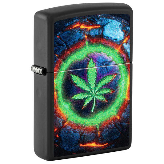 Front shot of Zippo Lava Leaf Design Black Matte Windproof Lighter standing at a 3/4 angle.