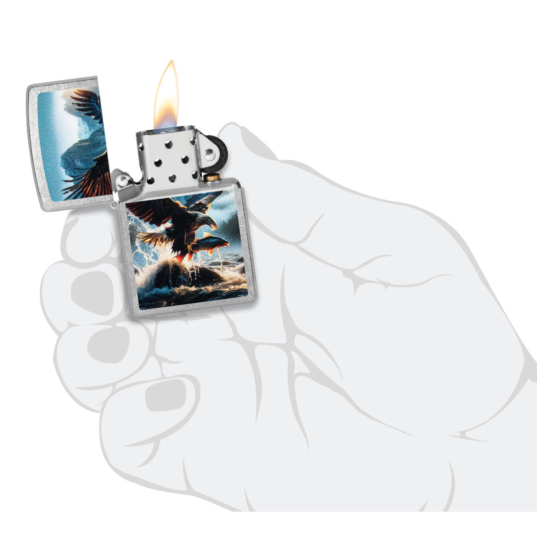 Zippo Catch of the Day Design Street Chrome Windproof Lighter lit in hand.