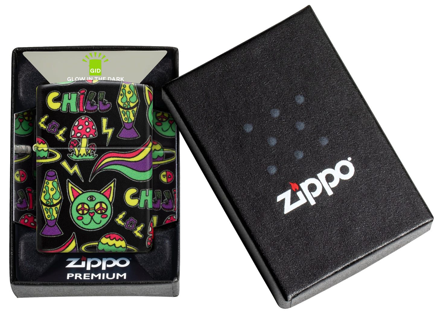 Zippo Glowing Chill Design Glow-in-the-Dark Green Windproof Lighter in its packaging.