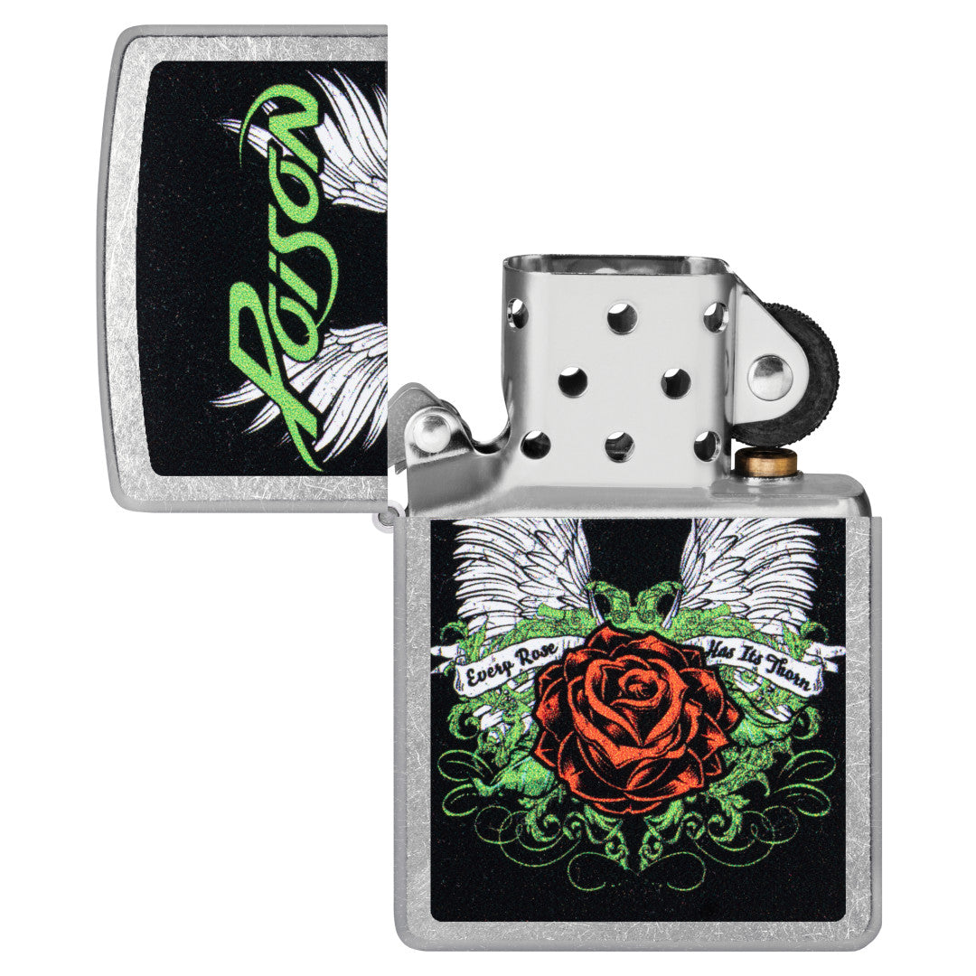 Zippo Poison Winged Rose Design Street Chrome Windproof Lighter with its lid open and unlit.