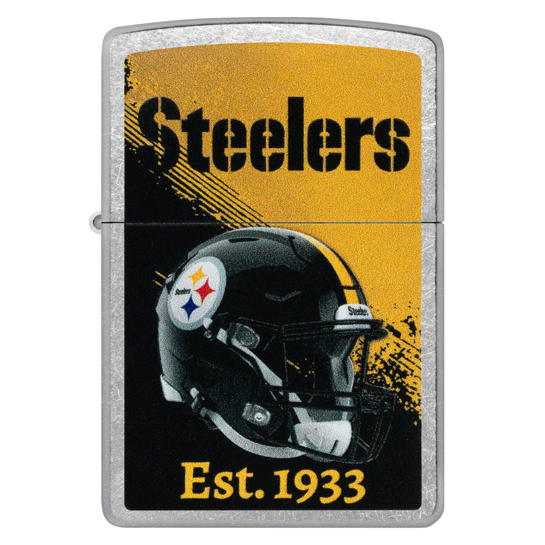 Front view of Zippo NFL Pittsburgh Steelers Helmet Design Street Chrome Windproof Lighter.