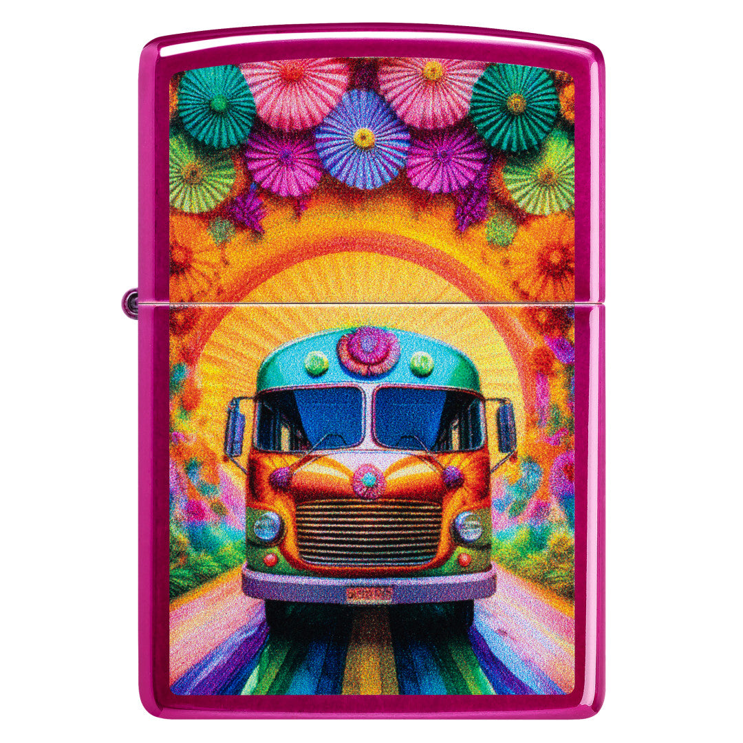 Front view of Zippo Party Bus Design Candy Raspberry Windproof Lighter.
