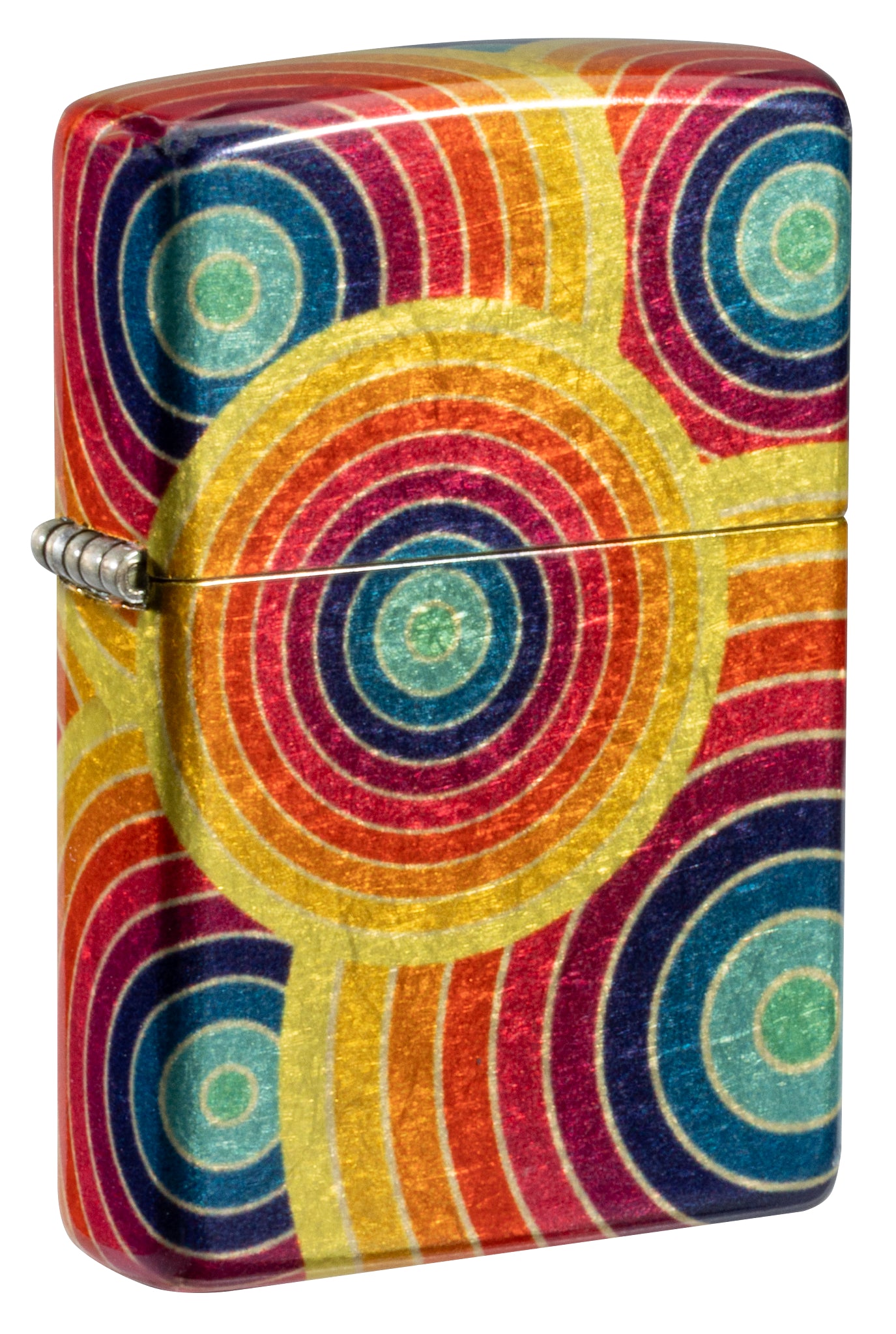 Front shot of Zippo Funky Fusion Design 540 Tumbled Brass Windproof Lighter standing at a 3/4 angle.