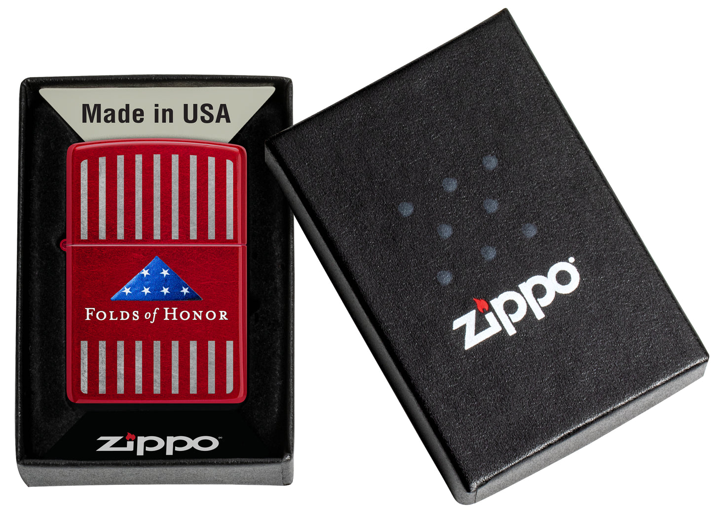 Zippo Folds of Honor Pinstripes Design Candy Apple Red Windproof Lighter in its packaging.