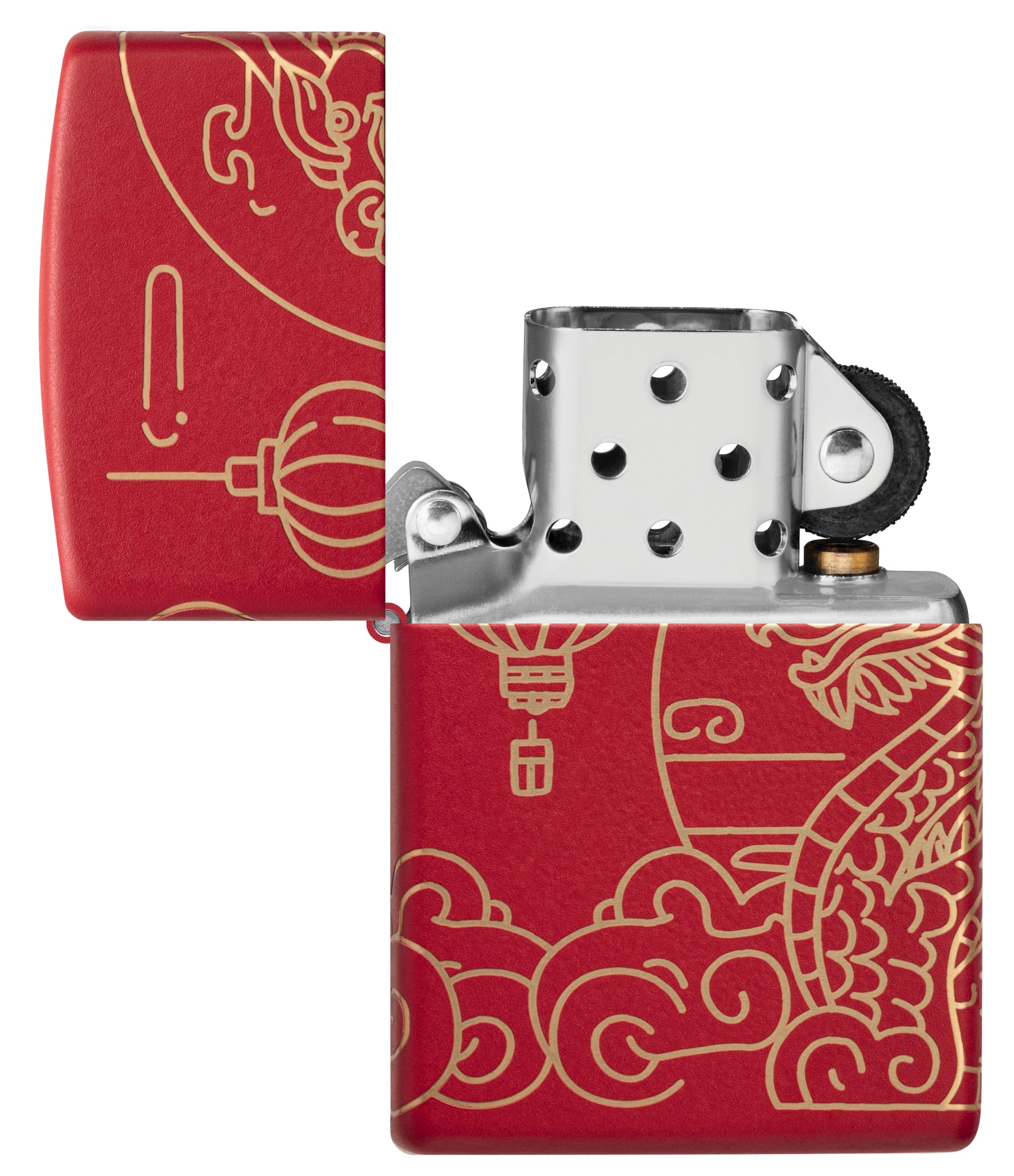 Zippo Chinese New Year Design Red Matte Windproof Lighter with its lid open and unlit.
