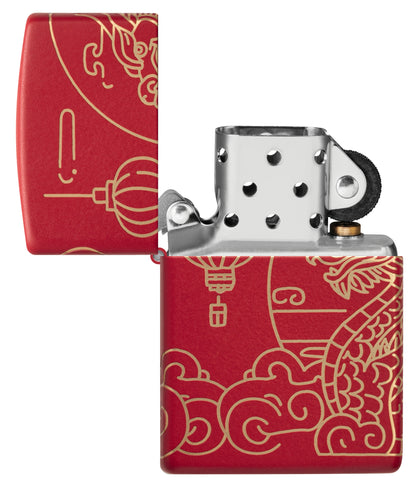 Zippo Chinese New Year Design Red Matte Windproof Lighter with its lid open and unlit.