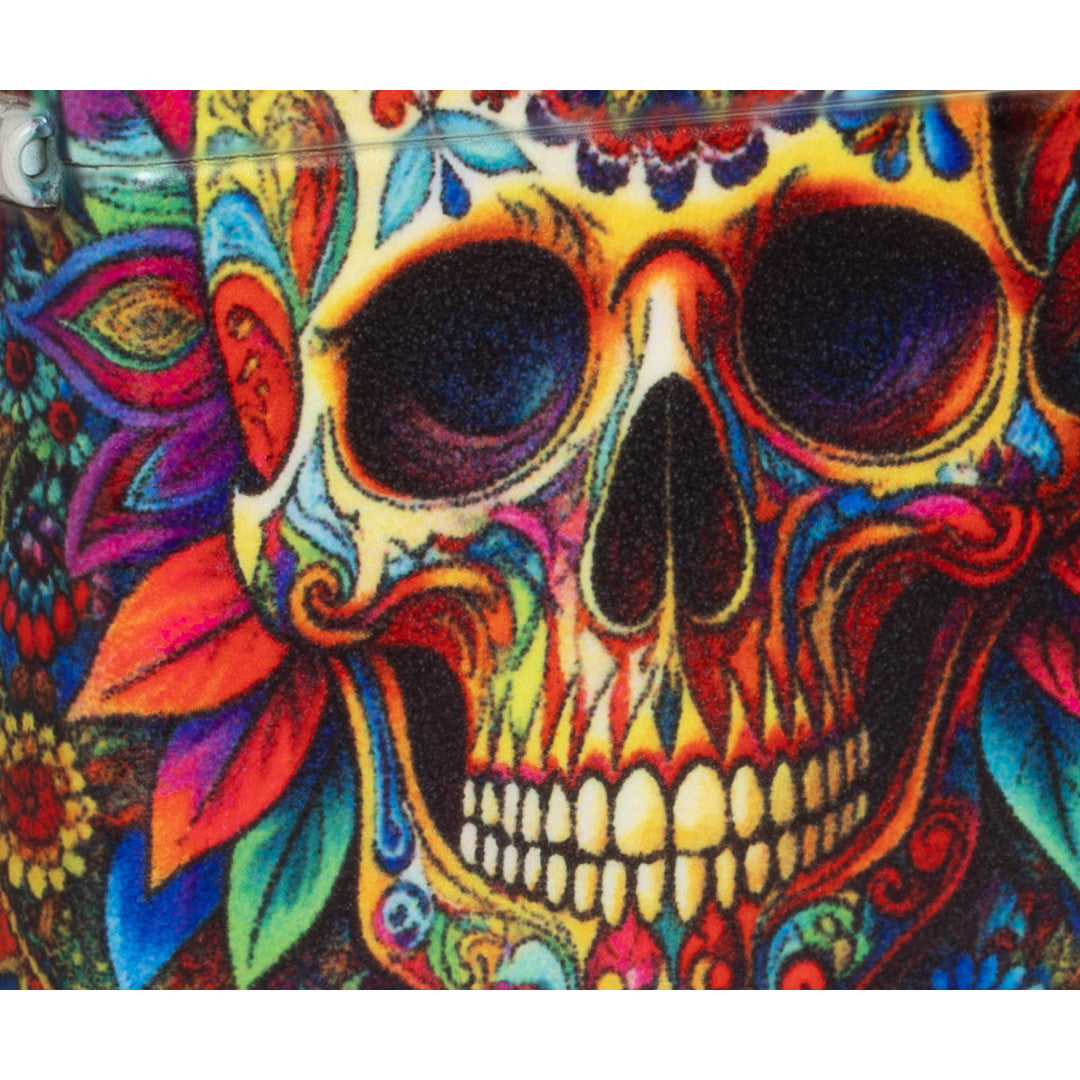 Front view of Zippo Day of the Dead Skull Design 540 Matte Windproof Lighter close up to show the detail of the lighter.